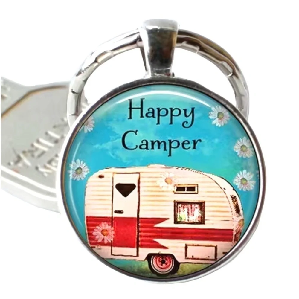 Happy Camper Keyring Fob Round Pendant Keepsake Gift Charm and Black Gift Pouch